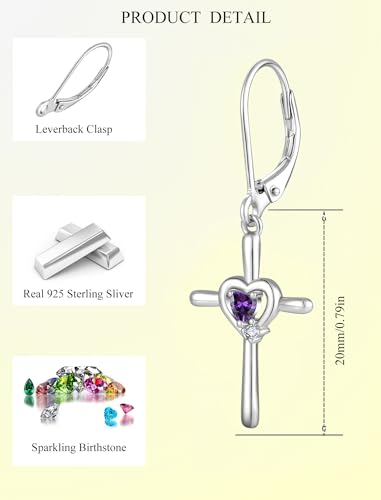Cross Earrings 925 Sterling Silver Opal Crucifix Dangle Drop Earring Heart Birthstone Religious Jewelry for Women - color: 02-amethyst-Feb