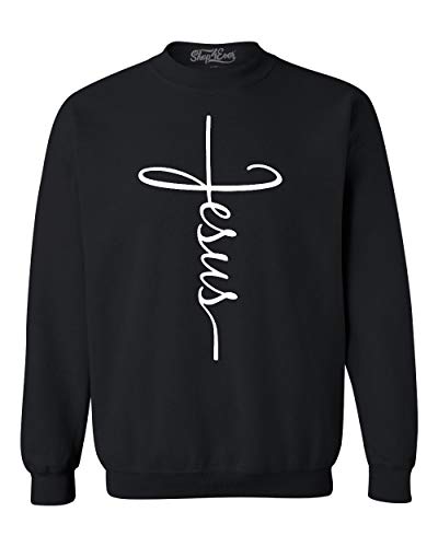 shop4ever Jesus Cross Script Crewneck Sweatshirts - color: Black, size: XX-Large