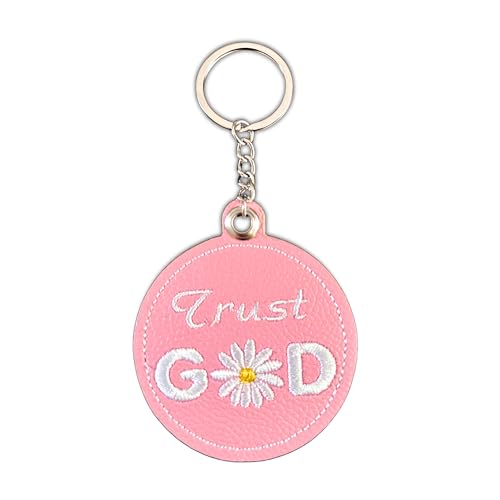 Handmade Jesus Keychain Pink PU Leather Embroidered Inspirational Quote Bag Charm, Christian Faith Keychain - color: Trust God