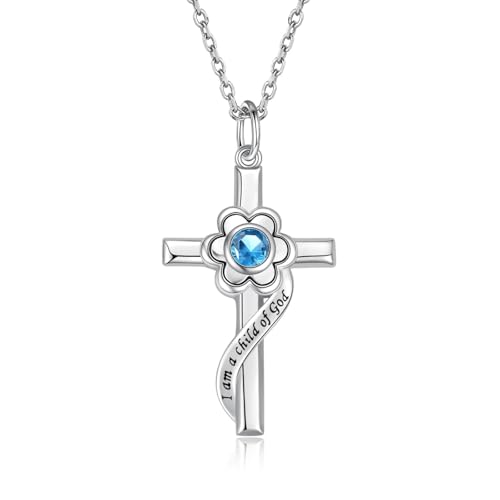 I am a Child of God Necklace - 925 Sterling Silver Birthstone Flower Cross Pendant Religious Jewelry Baptism First Communion Confirmation Gifts for Girls - style: Mar.