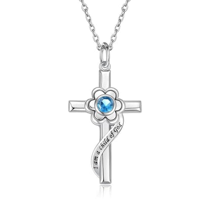 I am a Child of God Necklace - 925 Sterling Silver Birthstone Flower Cross Pendant Religious Jewelry Baptism First Communion Confirmation Gifts for Girls - style: Mar.