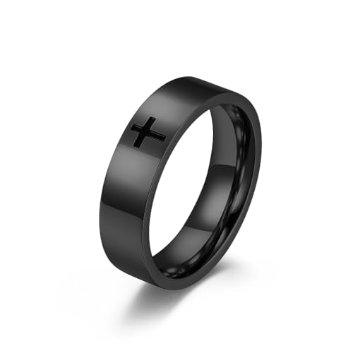Men's Cross Ring Black/Silver Christian Wedding Band Stainless Steel - color: 6mm,black