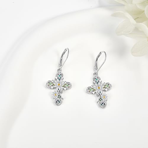 ONEFINITY Cross Earrings 925 Sterling Silver Sunflower Cross Dangle Earrings Religious Jewelry Gifts for Women