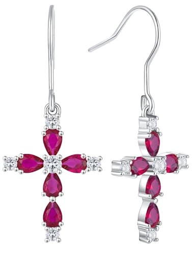 YL 925 Sterling Silver Cross Dangle Earrings Halo Birthstone Hook Earrings Religious Jewelry for Women - color: 7-ruby-Jul