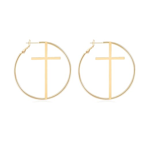 Cross Hoop Earrings Big Circle Hoop Earrings for Women Christian Jewelry - color: A-G