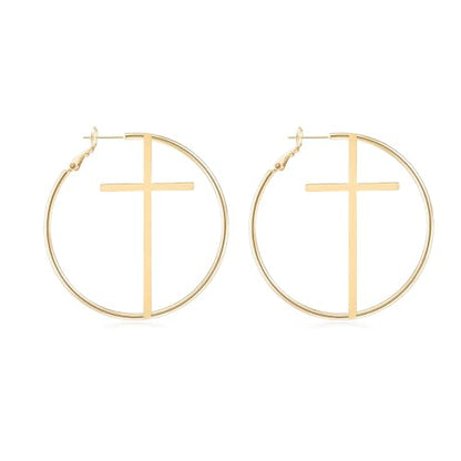 Cross Hoop Earrings Big Circle Hoop Earrings for Women Christian Jewelry - color: A-G