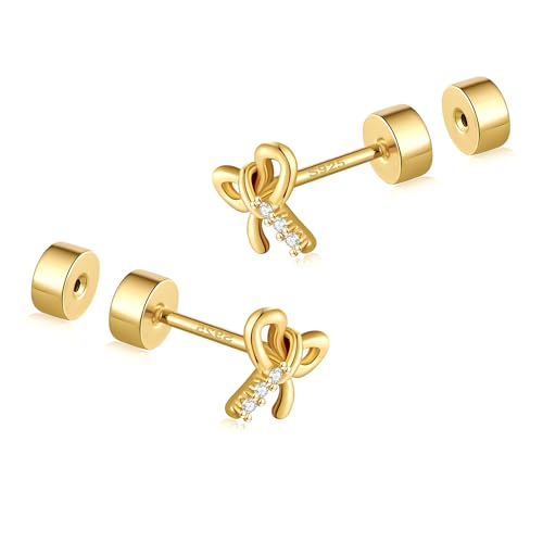 CEROUNO Flat Back Stud Earrings - 925 Sterling Silver Post Flatback Earrings Gold Silver Cubic Zirconia Earrings Studs for Women - color: Gold Bow