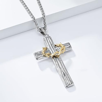 MOOSKI Cross Necklace for Men 316L Stainless Steel Crucifix Jesus 24" Chain - color: Silver-gold