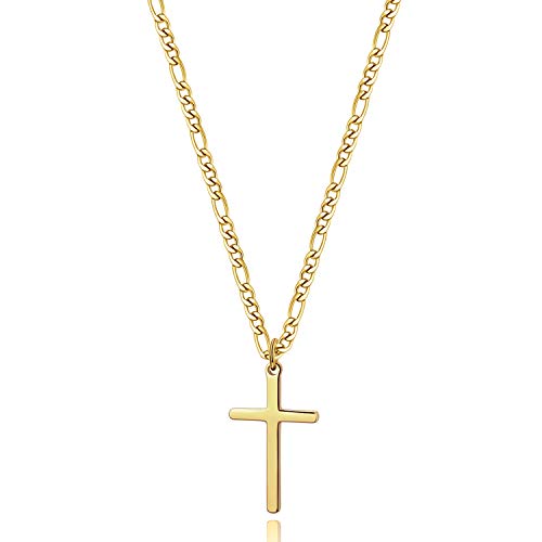 Joxevyia 14K Gold Filled Cross Necklace for Men Figaro Chain Stainless Steel Polished Cross Pendant Necklace Simple Baptism Faith Jewelry Gift - size: 24 inches, style: Big cross pendant(1.2"*0.7")