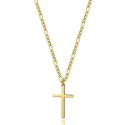 Joxevyia 14K Gold Filled Cross Necklace for Men Figaro Chain Stainless Steel Polished Cross Pendant Necklace Simple Baptism Faith Jewelry Gift - size: 16 inches, style: Big cross pendant(1.2"*0.7")