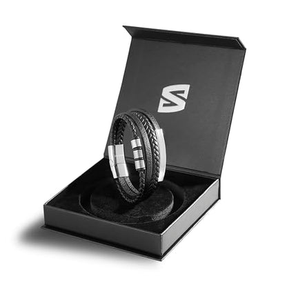 SERASAR Men's Leather Bracelet with Stainless Steel Magnetic Clasp - color: Silver, size: 20cm, style: Brave