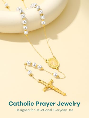 Supcare Rosary for Men Women Catholic Necklace Rosary Beads Customized - color: F04-Mary Yellow White Pearl