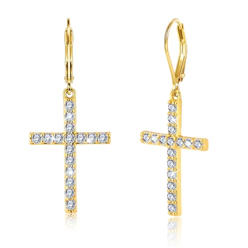 Silver Cross Dangle Earrings for Women 14K Gold Cross Dangle Earrings - color: Gold