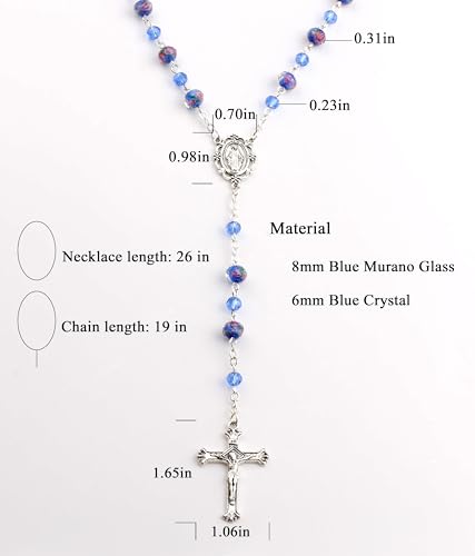 Murano Glass Rose Beads Catholic Virgin Mary Rosary Necklace Women - color: Blue