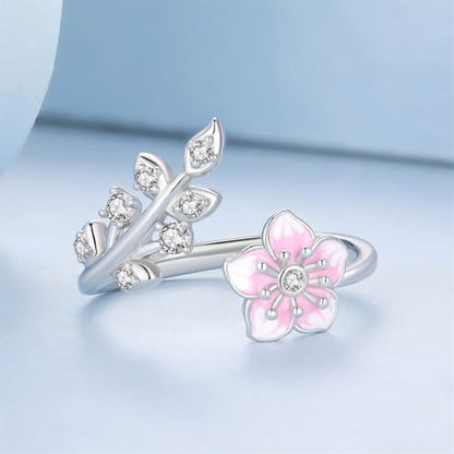 925 Sterling Silver Adjustable Open Ring for Women Trendy Jewelry Gift - color: Pink flowers