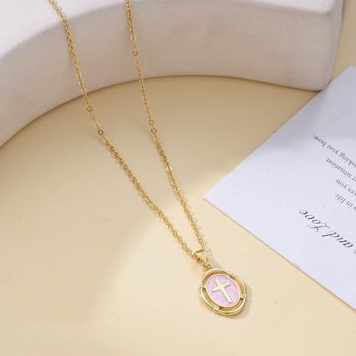 Bheop Cross Necklace for Women, 14K Gold Silver Enamel Pendant Necklace - color: Pink