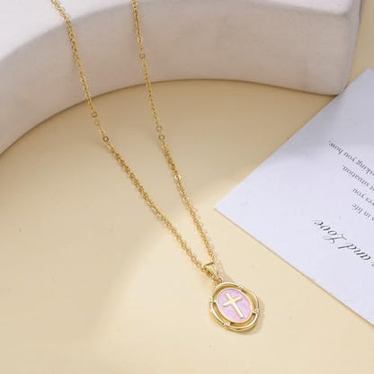 Bheop Cross Necklace for Women, 14K Gold Silver Enamel Pendant Necklace - color: Pink