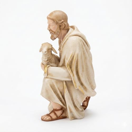 Kneeling Shepherd Holding Lamb Nativity Figurine Hand Painted Christmas Creche Figure Rustic Religious Holiday Home Decor