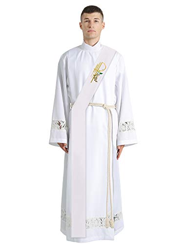 IvyRobes Deacon Clergy Stole With Grapes Wheat Embroidered 110" Long-4 Colors Available - color: White