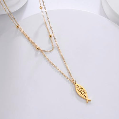 Ichthus Necklace for Women Christian Jesus Fish Necklace Christ Fish Cross Ichthys Pendant Necklace Ichthus Fish Religious Symbol Pendant Christian Jewelry Gift - color: Jesus Fish 2 gold