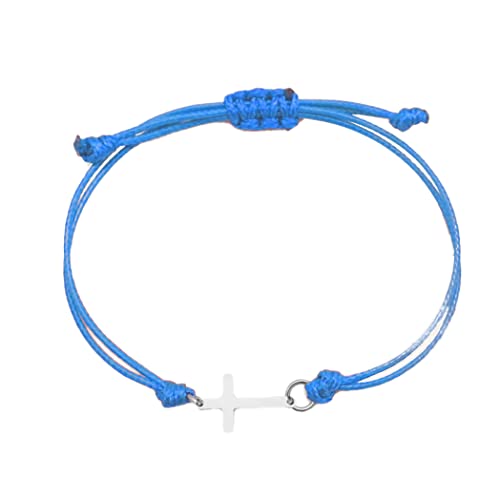 COLORFUL BLING Gold Silver Stainless Steel Sideways Cross Bracelet Adjustable Braided String Faith Hope Blessed Woven Rope Wrist Cuff for Men Women Protection Amulet Jewelry - color: silver blue