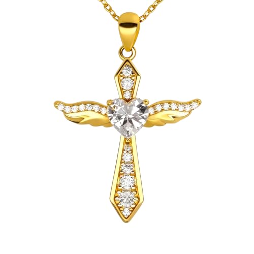 Lovans Cross Necklace for Women 925 Sterling Silver Angel Wings Pendant - color: Yellow Gold+White CZ, size: 18"+2"