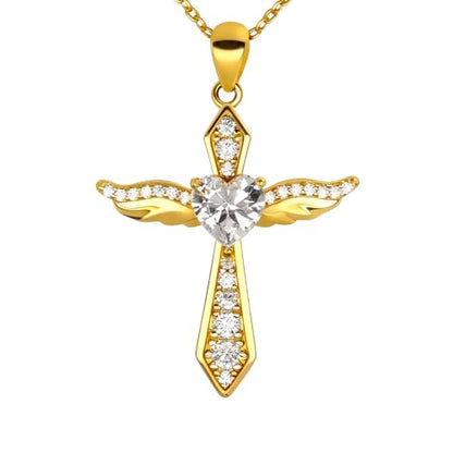 Lovans Cross Necklace for Women 925 Sterling Silver Angel Wings Pendant - color: Yellow Gold+White CZ, size: 22"+2"