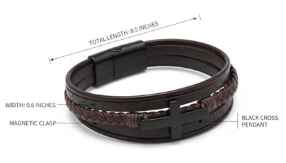 Stainless Steel Braided Leather Bracelet for Men Cuff Bangle Cross - color: Brown&Black