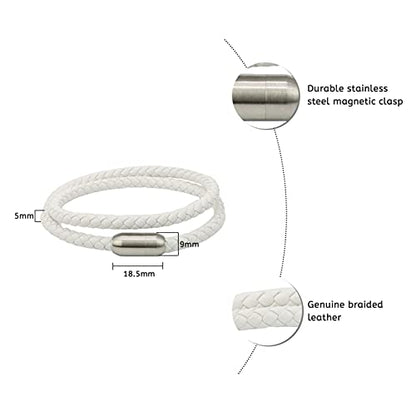globi Leather Bracelet For Men | Genuine Wrap Braided Leather Cuff Bangle Bracelet with Magnetic Stainless Steel Clasp For Men/Women - color: White