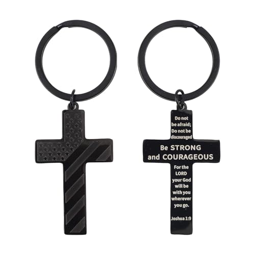 2pcs Cross Keychain for Men, Stainless Steel Cross Keyring Christian Bible Verse Key Chain Inspirational Scripture Religious Key Holder Cross Key Fob Gifts for Men Women Valentines Day
