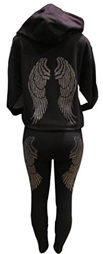 Black and Silver Rhinestone Angel Wings Long Sleeve Hooded Zipper Sweater Black - size: X-Large