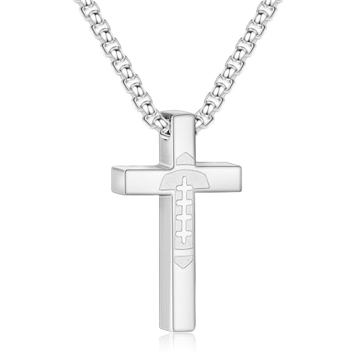 P. BLAKE Football Cross Necklace for Boys Kids Men, Stainless Steel Cross Pendant Chain 16/18/20/22/24 Inches Football Accessories Easter Religious Christian Sports Jewelry Gifts - color: Silver, size: 20 Inches