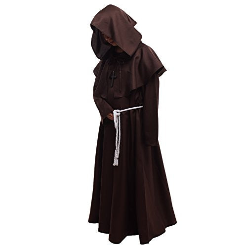 BLESSUME Friar Hooded Robe Monk Renaissance Priest Halloween Medieval Role Play Costume - color: Brown Cowl Hat+robe+ Waist Rope+necklace, size: X-Large