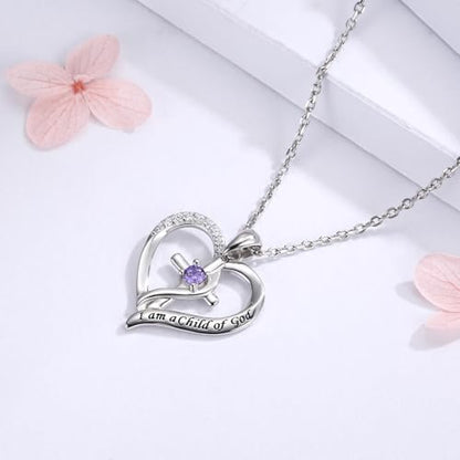 925 Sterling Silver I Am a Child of God Scripture Pendant with Birthstone Heart Cross Communion Necklace for Women Christian Faith Jewelry Gift - color: February