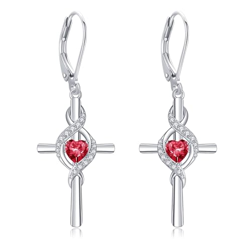 ONEFINITY Cross Earrings for Women 925 Sterling Silver Cross Birthstone Dangle Drop Earrings Infinity Cross Religious Jewelry Gifts for Women - color: 01-Jan-Created Garnet