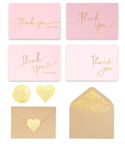 Winoo Design 100 PK Pink and Gold Thank You Cards with Envelopes Bulk - 5 x 3.5 Inches Personalized Thank You Notes for Baby Shower Wedding Small Business Graduation Funeral Birthday - color: PINK