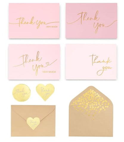 Winoo Design 100 PK Pink and Gold Thank You Cards with Envelopes Bulk - 5 x 3.5 Inches Personalized Thank You Notes for Baby Shower Wedding Small Business Graduation Funeral Birthday - color: PINK