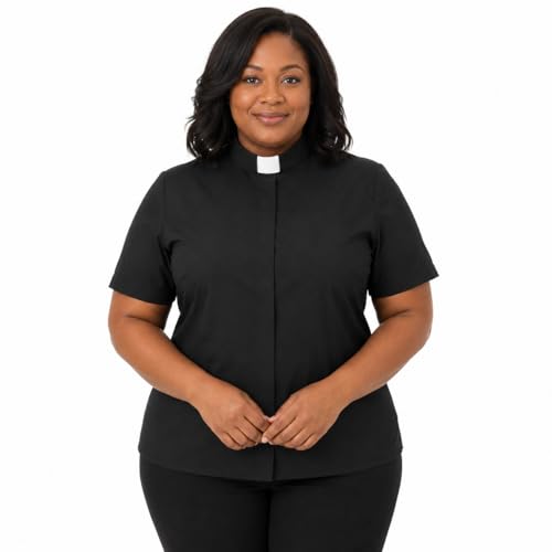 Women’s Clergy Shirt Tab Collar Shirt with Collar Insert Long Sleeve and Short Sleeve Ministry Blouse Pastor - color: Black 01 (Short Sleeves), size: Medium