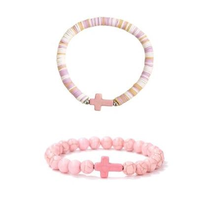 Colorful Handmade Cross Beaded Bracelet for Women Qute Religious Stone Clay Beaded Bracelet for Christian Inspirational Easter Chrismas Thanksgiving Gifts Jewelry - color: Pink