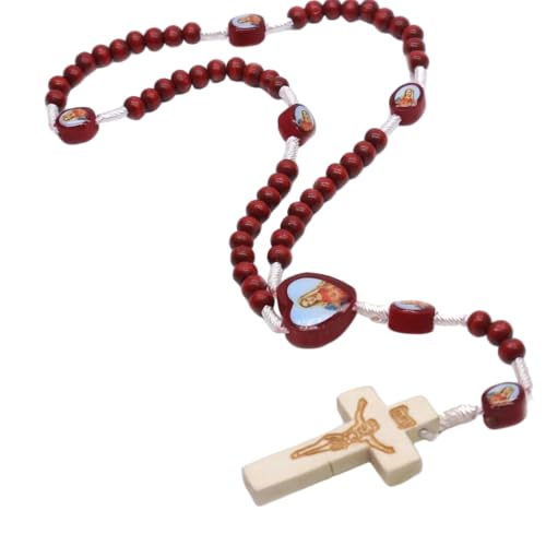 Handmade Wooden Crucifix Rosary Beads Chain Pendant Necklace Colorful Love Heart Catholic Cross Virgin Mary Jesus Necklace for Women Men Religious Lord Praying Jewelry - color: Blue