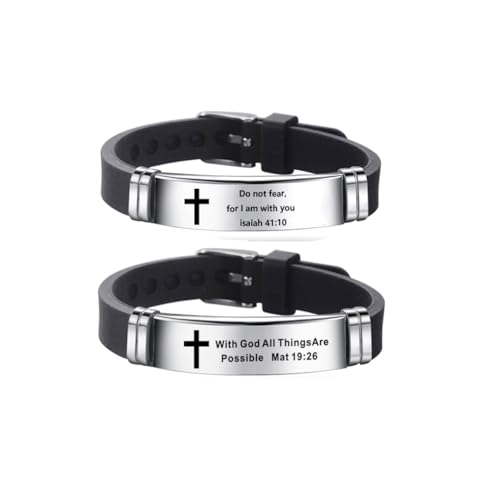 2Pcs Inspirational Quote Cross Bracelets Faith Christian Bible Verse Silicone ID Wristband Religious Bracelet Set Gift for Men Women - style: BR020-1/014
