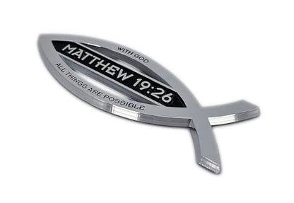 Elektroplate Christian Fish Matthew 19:26 with Verse OEM Chrome Emblem for Cars, Trucks, and All Auto | Universal Fit at 4" x 1.4" | Weatherproof - color: Matthew 19:26
