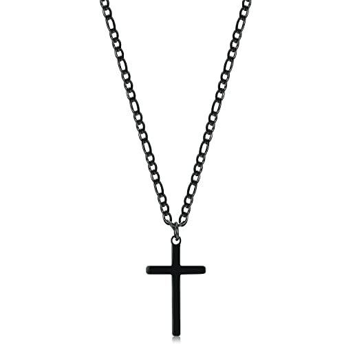 Joxevyia 14K Gold Filled Cross Necklace for Men Figaro Chain Stainless Steel Polished Cross Pendant Necklace Simple Baptism Faith Jewelry Gift - size: 16 inches, style: Big Black cross pendant(1.2"*0.7")