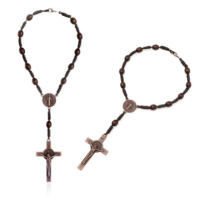 KOMI 2 PCS Wood Rosary Beads for Car Rearview Mirror, Handmade Wooden Rosary with St Benedict Medal and Crucifix Cross Car Rosaries Catholic Gifts - size: 2 pieces Wood