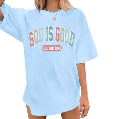 Christian Shirts for Women Oversized God is Good Shirt Religious Jesus Faith Inspirational Tshirt Bible Verse Tee Top - color: Light Blue, size: Large
