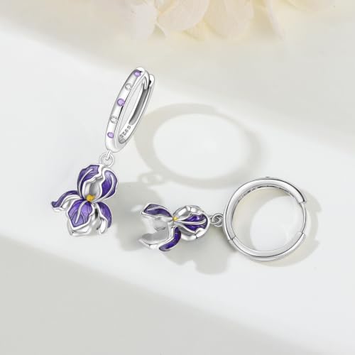 925 Sterling Silver Drop & Dangle Earrings for Women,Butterfly Dragonfly and Bee|Flower and leaf Earrings, Suitable for Sensitive Ears Fashion Jewelry Gift- Hypoallergenic Earrings - color: Purple Iris Earrings