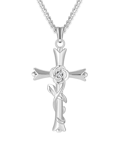 ACECHA Silver Cross Necklace for Women, Crosses Pendant with Birthflower - color: Z Rose-Romantic
