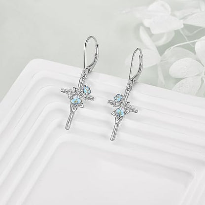 LUHE Sterling Silver Corss/Daisy/Musica Note Dangle Earrings for Women - style: Camellia Cross Earrings