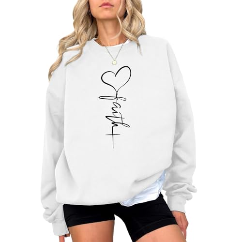 KIEKIECOO Faith Christian Sweatshirts for Women Religious Crewneck Sweatshirt Letter Print Fall Pullover Long Sleeve Tops - color: White, size: Medium