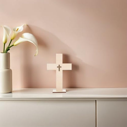Veemoon Wood Crosses with Stand for Crafts, 10Pieces Blanks Diy Cross Decor Unfinished Catholic Baptism Craft Ornament Table Small Religious Crucifix Crosses for Easter Party Wedding First Communion